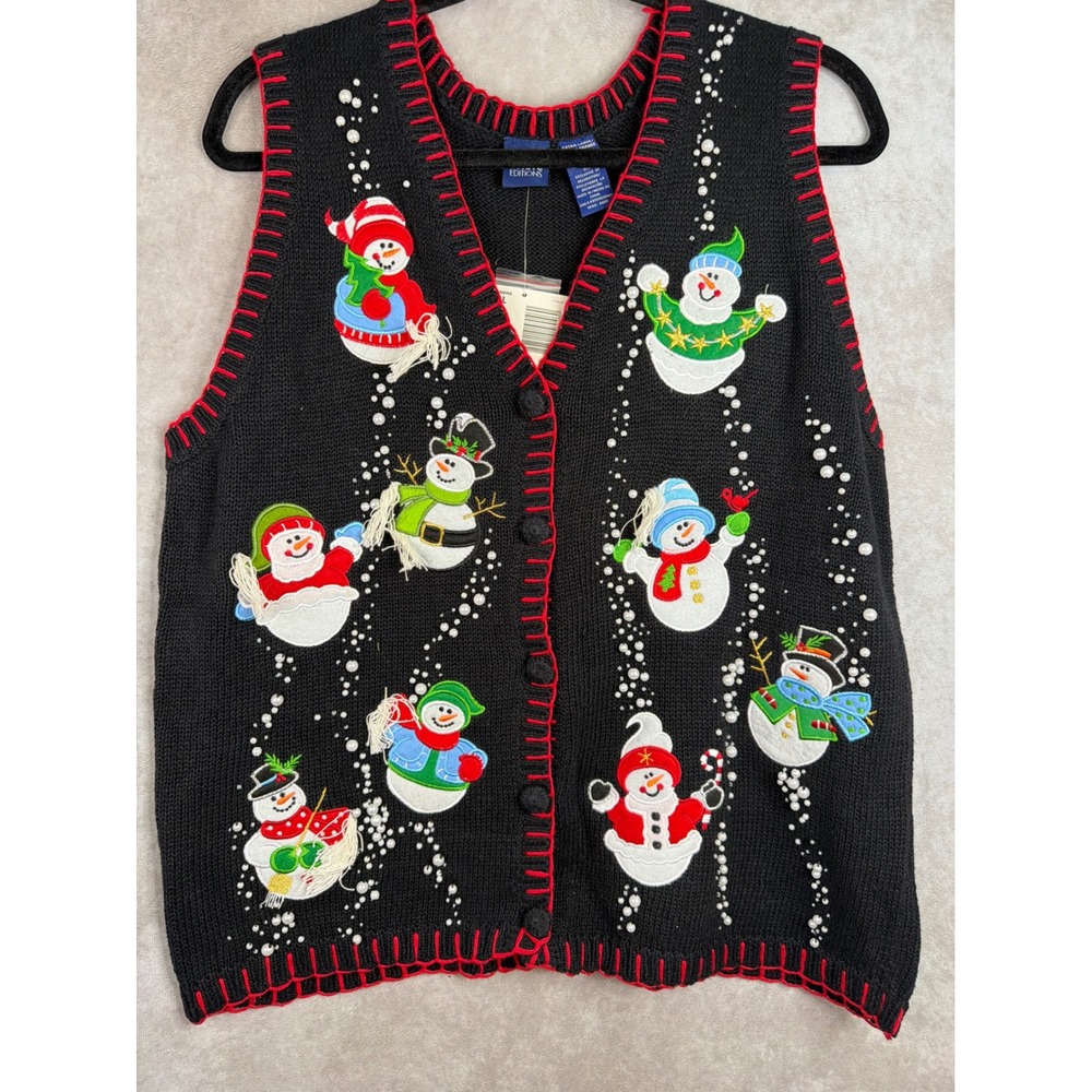 VTG NWT Basic Editions Holiday Sweater Vest XL Black Snowman Embroidered Beaded